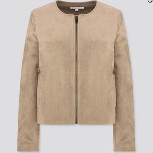 Beige Faux Suede Collarless Jacket